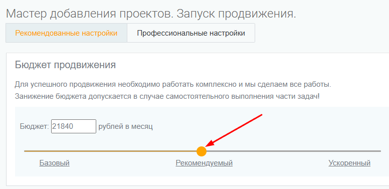 Задан бюджет на месяц продвижения не ниже рекомендованного