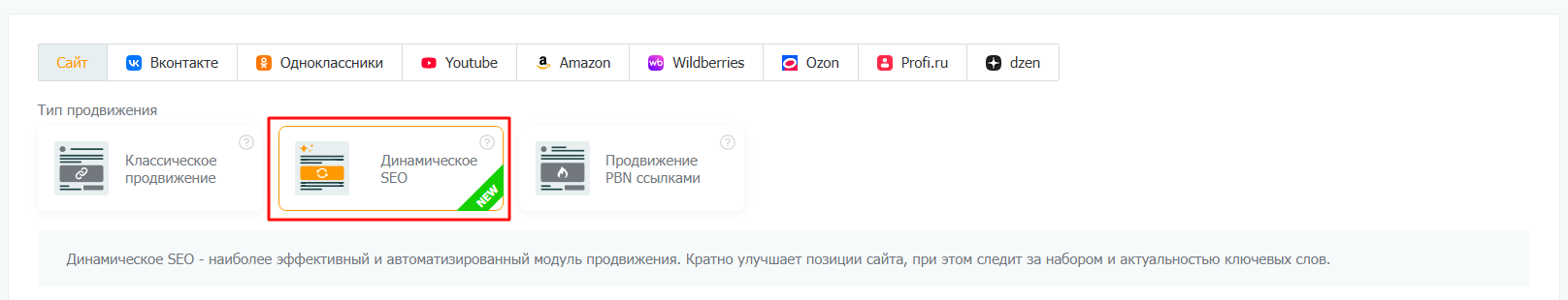 Далее — тип проекта «Динамическое SEO»